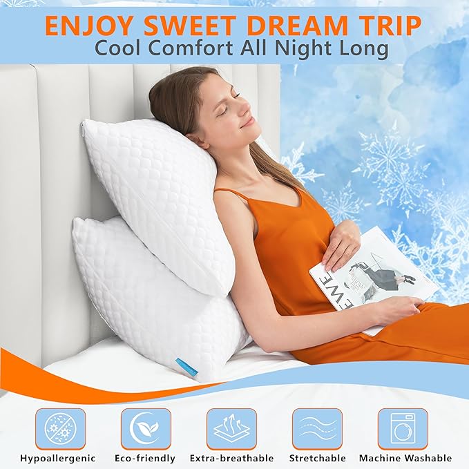 Cooling Pillows King Size Set of 2, Memory Foam Pillows with Zipper, Firm Bed Pillows Adjustable for Hot Side Back Stomach Sleepers