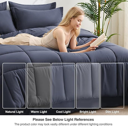 Love's cabin Queen Comforter Set Indigo Blue, 7 Pieces Queen Bed in a Bag, All Season Bedding Sets with 1 Comforter, 1 Flat Sheet, 1 Fitted Sheet, 2 Pillowcase and 2 Pillow Sham