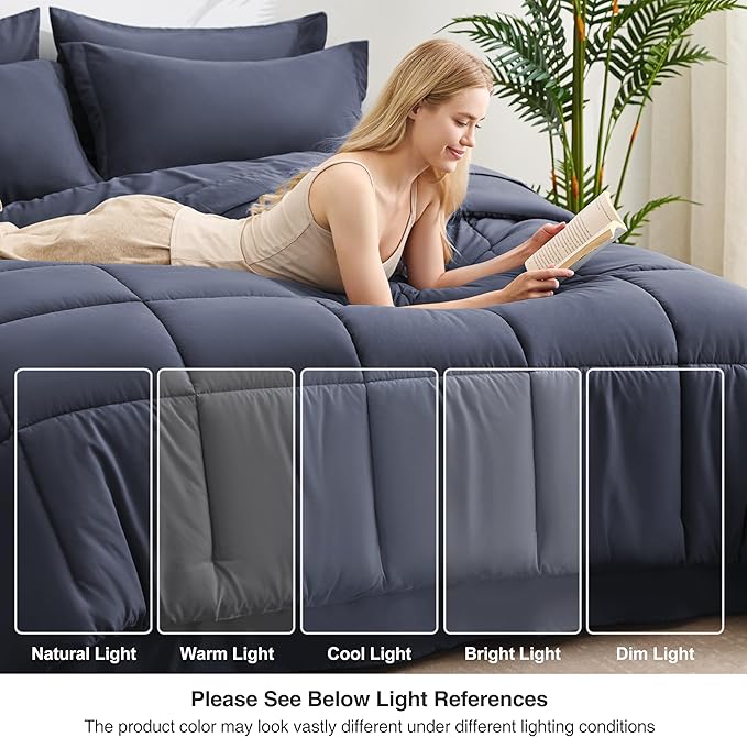 Love's cabin Twin Comforter Set Indigo Blue, 5 Pieces Twin Bed in a Bag, All Season Bedding Sets with 1 Comforter, 1 Flat Sheet, 1 Fitted Sheet, 1 Pillowcase and 1 Pillow Sham