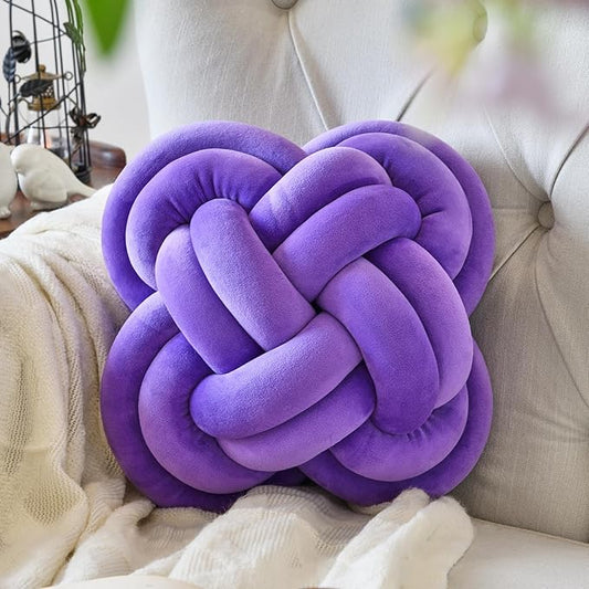Xuyier Knot Pillow Ball, Decorative Throw Pillows with Velvet Fabric for Couch Bed, 12" Decor Knotted Square Floor Pillow Cushions for Living Room (12 Inches, Dark Purple)