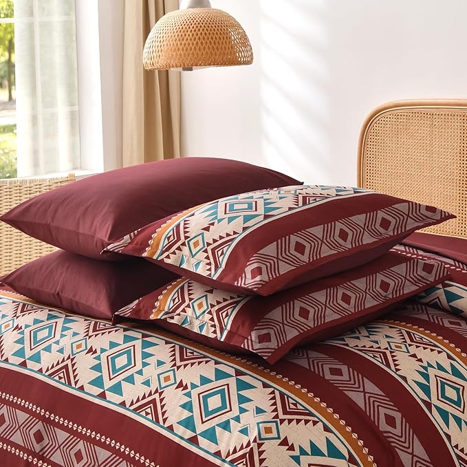 Anibedding Red King Size Comforter Set 7 Pieces Boho Bed in a Bag, Burgundy Aztec Striped Comforter Set with Sheets, Soft Microfiber Reversible Western Bedding Set for All Season
