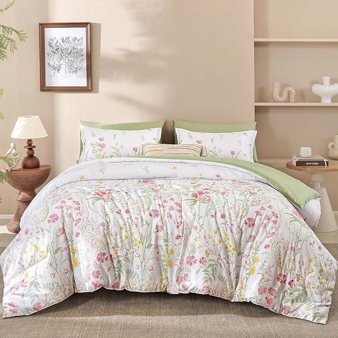 Yiran 7 Piece Pink Green Floral Comforter Set Queen Size, Cute Botanical Comforters Cottagecore Flower Bed in a Bag Soft Complete Farmhouse Bedding Set with Sheets for All Season