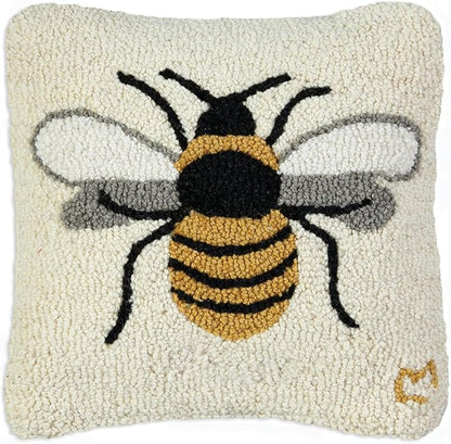 Chandler 4 Corners Artist-Designed Lone Bee Hand-Hooked Wool Decorative Throw Pillow (14 in x 14 in) Farm & Garden Pillow for Couches & Beds - Low Maintenance Nature Bumble Bee, Honey Bee Home Décor