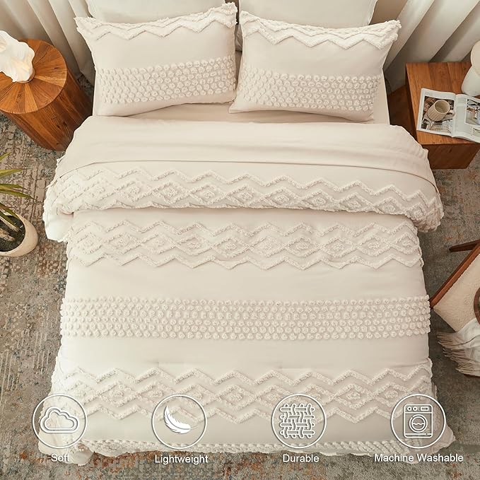 Luxudecor Beige Tufted Comforter Set Full Size 3 Pieces Boho Shabby Chic Comforter Farmhouse Embroidery Bedding Set Soft Comforter for All Seasons (Beige, 80''x90'')