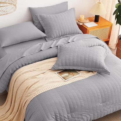 CozyLux Full Size Comforter Sets with Sheets 7 Pieces, Grey Seersucker Bed in a Bag Textured Luxury Soft Gray Bedding Set with Down Alternative Comforter, Sheets, Pillowcases & Shams for All Seasons
