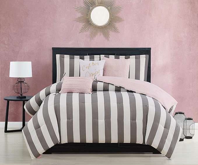 Juicy Couture Cabana Stripe Reversible Bedding Set - King Size - Grey and White Stripe Print – 6 Piece Set – Includes 1 104" x 90" Comforter, 3 Decorative Pillows, 2 Shams