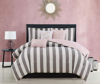 Juicy Couture Cabana Stripe Reversible Bedding Set - King Size - Grey and White Stripe Print – 6 Piece Set – Includes 1 104" x 90" Comforter, 3 Decorative Pillows, 2 Shams