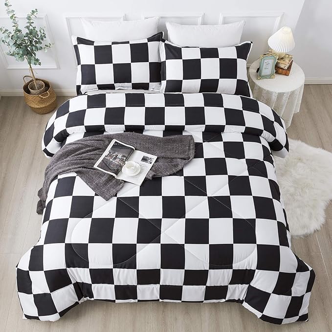 Andency Checkered Comforter Twin(66x90Inch), Black White Plaid Gingham Bed Set for Teen Boys Kids, Lightweight Microfiber Geometric Preppy Bedding, 2 Pieces