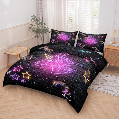 Tailor Shop Unicorn Comforter Sets Queen Size,Black Unicorn Bedding Sets for Girls Kids Teens with 2 Pillowcase…