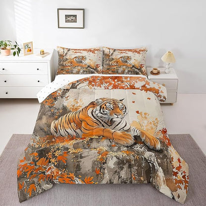 Jungle Tiger Comforter Toddler,Autumn Maple Tree Traditional Chinese Painting Quilt Comforter with 1 Pillowcase,Wildlife Black Orange Stripes Bedding Set Comfortable,Soft and Breathable