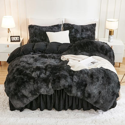 Andency Faux Fur Tie-Dyed Black Grey Comforter for Queen Size Bed, 3 Pieces Fluffy Fuzzy Plush Bedding Set (1 Shaggy Velvet Comforter & 2 Pillowcases), Soft Puffy Down Bedding Set