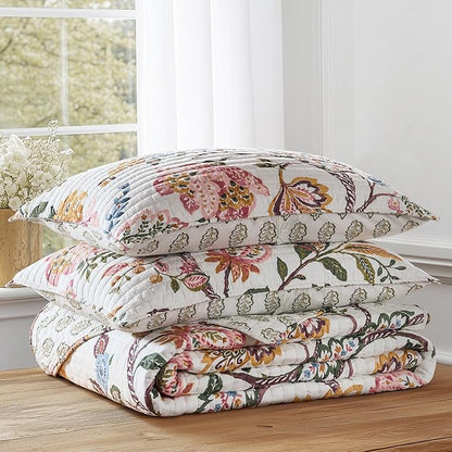 Levtex Home - Maileen Dusty Rose Quilt Set - Full/Queen Quilt and Two Standard Shams - Floral - Dusty Rose Ochre Blue Green Brown Off-White -Quilt (88x92in.) and Shams (20x26in.)- Reversible - Cotton