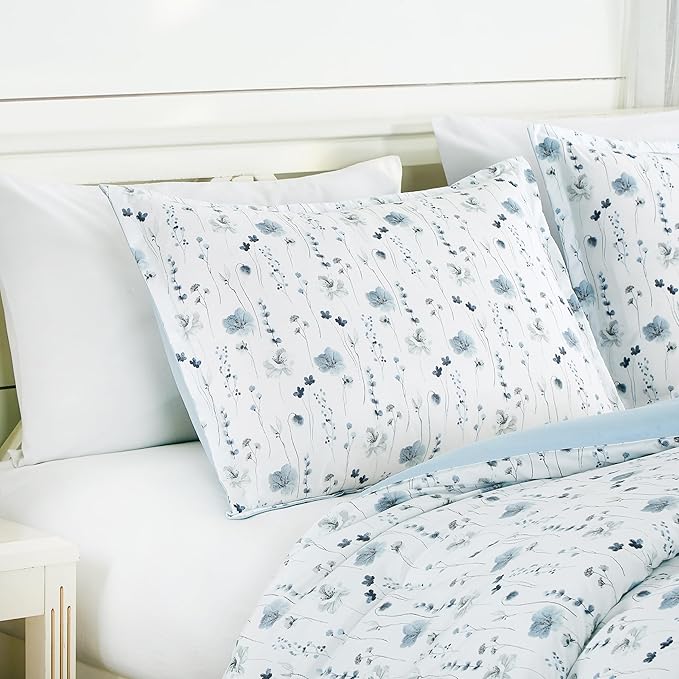 Chezmoi Collection Fran 3-Piece Boho Floral Comforter Set, Full - Blue White Poppy Flower Watercolor Printed Microfiber Lightweight Bedding Set