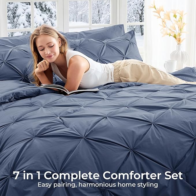 Sasttie King Size Comforter Set, 7-Piece Bed in a Bag, Pintuck Bedding Set for All Season, Includes Comforter, Flat Sheet, Fitted Sheet, Pillowcases and Pillowshams, Indigo Blue