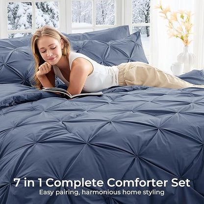 Sasttie King Size Comforter Set, 7-Piece Bed in a Bag, Pintuck Bedding Set for All Season, Includes Comforter, Flat Sheet, Fitted Sheet, Pillowcases and Pillowshams, Indigo Blue