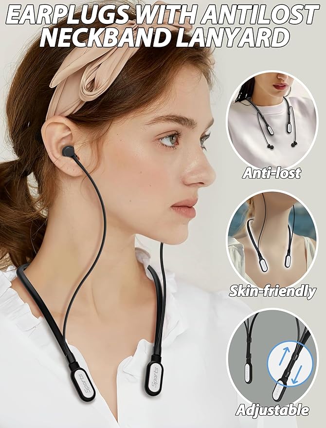 HALLEAST Earplugs for Concert, Noise Reduction, Hearing Protection, with Removable Ear Plug Lanyard, Safety Connector Cord Strap Neckband – SNR 26dB, NRR 14dB, Black Plug + White Tip