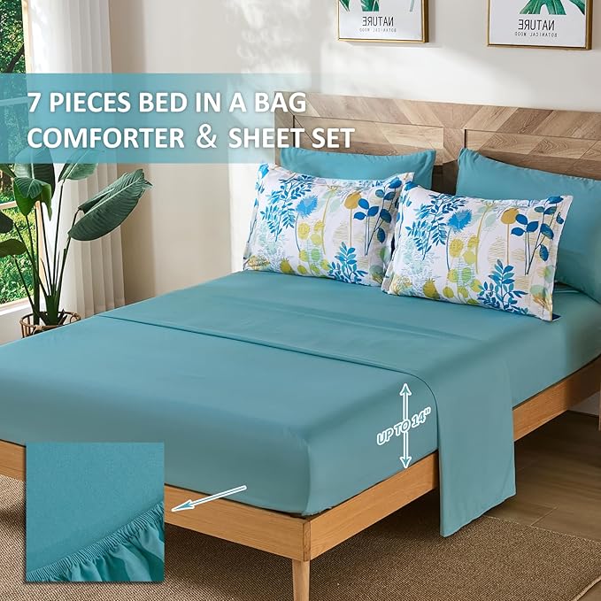 Anibedding 7Pieces King Size Comforter Set, Blue Yellow Botanical Bed in a Bag Complete Set with Sheet Pillowcase for Bedroom All Season