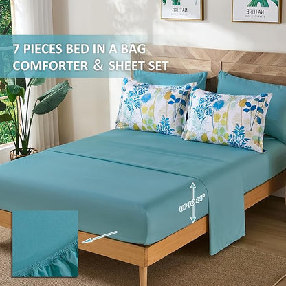 Anibedding 7Pieces King Size Comforter Set, Blue Yellow Botanical Bed in a Bag Complete Set with Sheet Pillowcase for Bedroom All Season
