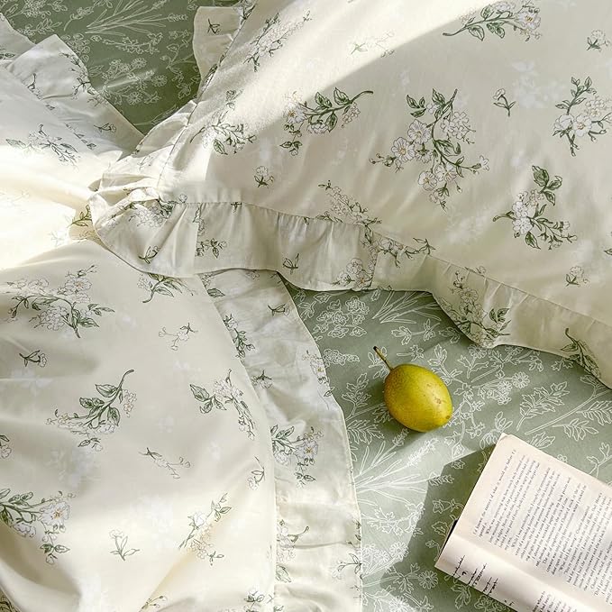 MKXI Full Size Beige & Green Floral Comforter Set - 3 Piece Ruffled Lace Bedding Set with Reversible Design, Soft Aesthetic Cottagecore Style Green Leaf Comforter for Girls, Women, and Teens