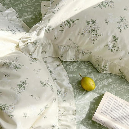 MKXI King Size Beige & Green Floral Comforter Set - 3 Piece Ruffled Lace Bedding Set with Reversible Design, Soft Aesthetic Cottagecore Style Green Leaf Comforter for Girls, Women, and Teens