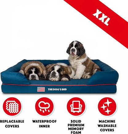 The Dog’s Bed Orthopedic Memory Foam Dog Bed with Bolsters, Oxford Fabric, Blue with Dark Red Trim, XXL