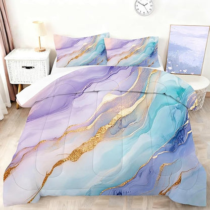 Marble Comforter Sets Full Size for Kids Women Watercolor Bedding Set Luxury Marbling Texture Bed Set for Bedroom Decor Soft Purple Green Blue Gold Quilt Set with 1 Comforter + 2 Pillowcases