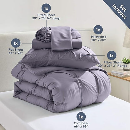 Nestl Twin Comforter Set 5 Piece - Pintuck Twin Bedding Sets Dusty Purple, College Room Essentials for Girls and Boys Bed in a Bag All Season, Comforter Set with Sheets, Pillowcase and Sham
