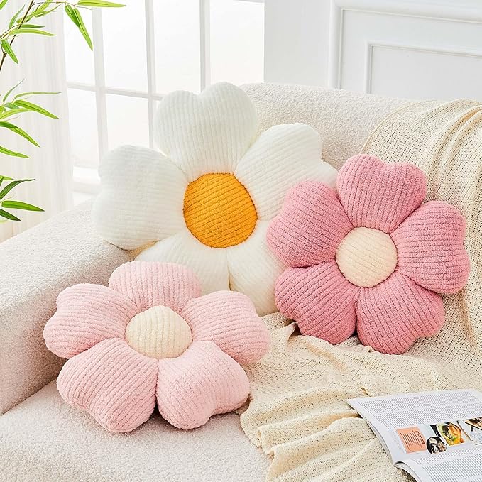 Flower Throw Pillow, Cute Flower Shaped Pillow Decorative Throw Pillow for Bed Couch, Soft Daisy Pillows Floor Seating Cushion Cushions (14.9 Inch White+Yellow)