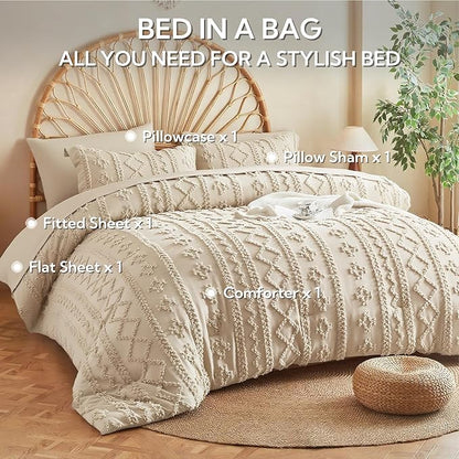 MR&HM Twin XL Comforter Set Beige, 5 Pieces Tufted Boho Beddding Sets, Farmhouse Style Bed in a Bag with 1 Comforter, 1 Pillow Sham, 1 Pillowcase, 1 Flat Sheet, 1 Fitted Sheet for College Dorm