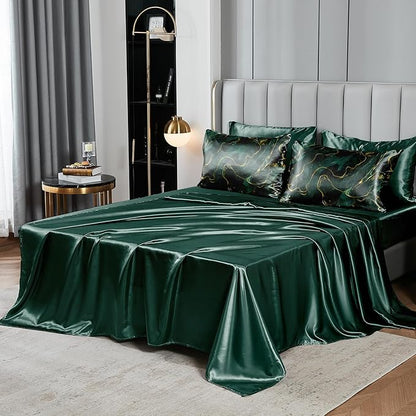 Green Marble Comforter Sets Queen Silky Satin Bedding Emerald Green Gold Marble Stone Texture Silk Like Abstract Bed in A Bag with Comforter and Sheet Set