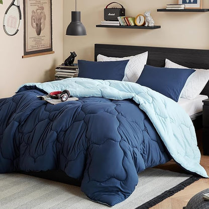 Comfort Spaces King Comforter Set Vibrant Reversible Comforters King Size Quilted Bedding Set, All Season Lightweight Bedding, Soft Microfiber Comforter, Vixie, Navy/Light Blue King 3 Piece