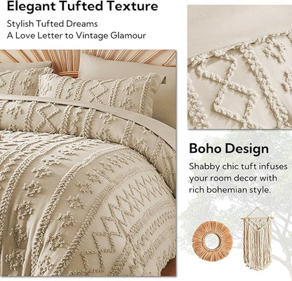 MR&HM Tufted Boho Comforter Set Twin XL for College Dorm, Linen Farmhouse Bedding Set,5 Pieces Bed in a Bag with 1 Comforter, 1 Pillow Sham, 1 Pillowcase, 1 Flat Sheet, 1 Fitted Sheet