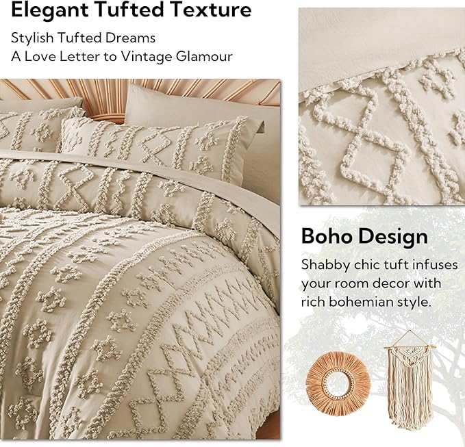 MR&HM Tufted Boho Comforter Set King Size, Linen Farmhouse Bedding Set, Bed in a Bag Set 7 Pieces with 1 Comforter, 2 Pillow Shams, 2 Pillowcases, 1 Flat Sheet, 1 Fitted Sheet for All Seasons