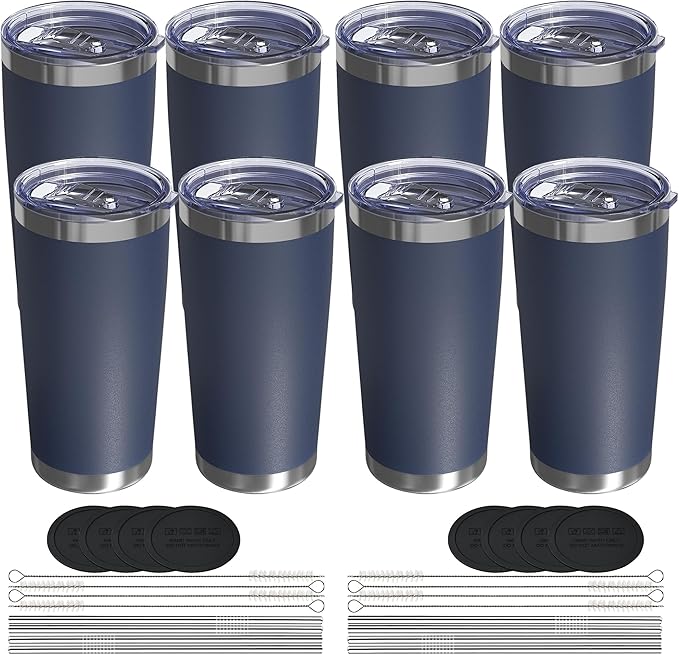 Travel Coffee Tumbler 20oz, 8 Pack Leakproof Travel Coffee Mug with Lid and Straw, Stainless Steel Double Wall Vacuum Insulated Tumbler for Hot/Iced Drinks (Textured Matte, Navy Blue)