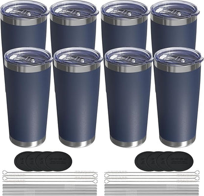 Travel Coffee Tumbler 20oz, 8 Pack Leakproof Travel Coffee Mug with Lid and Straw, Stainless Steel Double Wall Vacuum Insulated Tumbler for Hot/Iced Drinks (Textured Matte, Navy Blue)