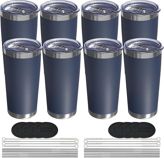 Travel Coffee Tumbler 20oz, 8 Pack Leakproof Travel Coffee Mug with Lid and Straw, Stainless Steel Double Wall Vacuum Insulated Tumbler for Hot/Iced Drinks (Textured Matte, Navy Blue)