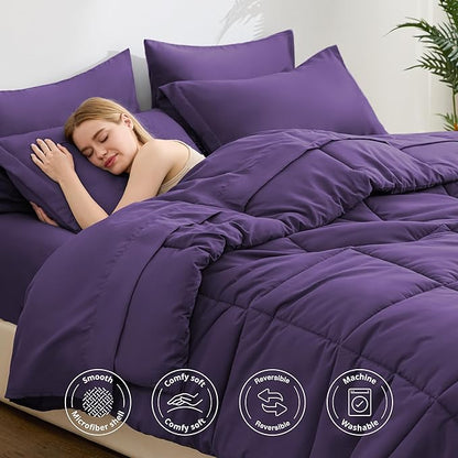 Love's cabin California King Comforter Set Dark Purple, 7 Pieces California King Bed in a Bag, All Season Bedding Sets with 1 Comforter, 1 Flat Sheet, 1 Fitted Sheet, 2 Pillowcase and 2 Pillow Sham