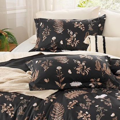 Bedsure Comforter Set Queen Size - Floral Bedding Comforter Set, 3 Pieces, 1 Soft Black Comforter and 2 Pillow Shams