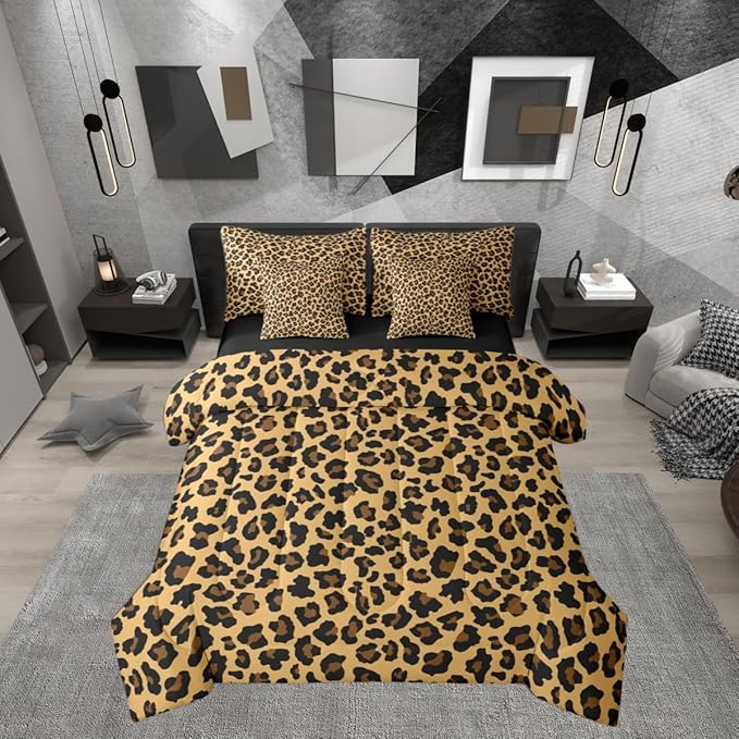Erosebridal Gold Black Leopard Print Comforter Set Queen Size 7 Pieces | Animal Skin Pattern Bed in A Bag Cheetah Fur Bed Set Women Men Adults Bedding
