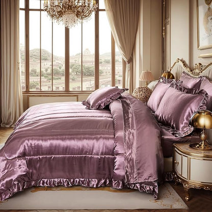 Silk Like Satin Comforter Set with Sheet Set Queen Size 8 Pieces Blush Pink Satin Bedding Set Silky Ruffle Pattern Home Deocr Luxury Silky Comforter Set with 1 Cushion Cover