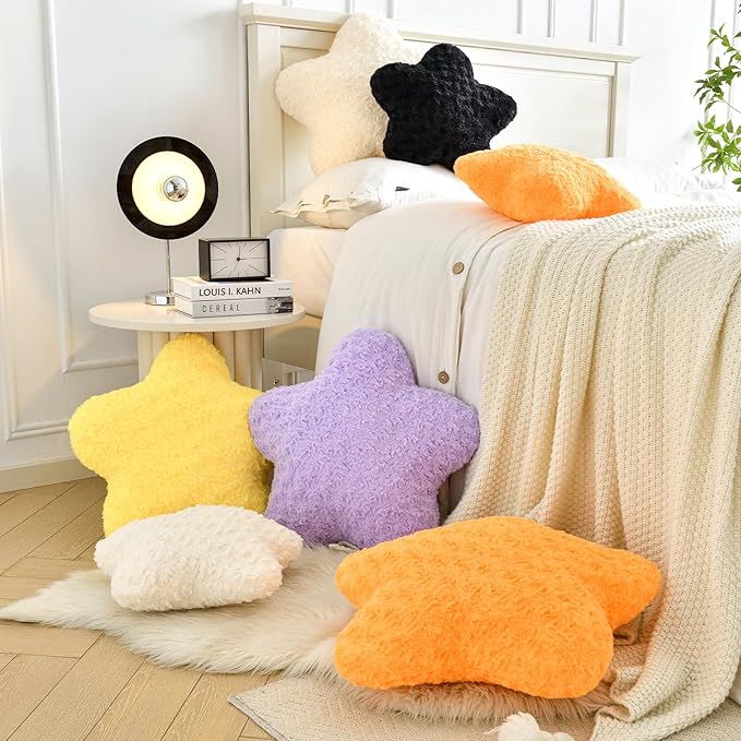 Star Pillow, 14.9" Star Shaped Plush Pillow for Couch Bed Sofa, Cute Decorative Throw Pillows with Soft Faux Fur Room Decor for Bedroom Living Room (Black)