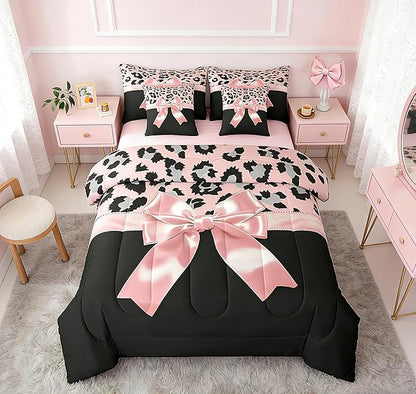 Feelyou Pink Silk Bowknot 7 Piece Bedding Set Full Size Grey Leopard Comforter Set with Sheets for Kids Girls Women Black Pink Bed in a Bag Sweet Romantic Bed Set