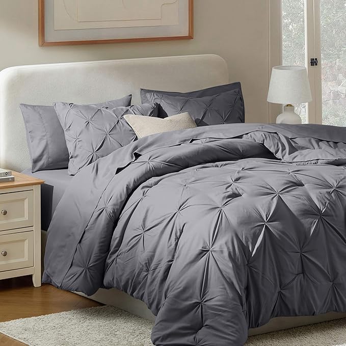 Nestl California King Comforter Set 7 Piece - Pintuck Cal King Comforter Set Dark Grey, California King Bed in a Bag, All Season Bed Set with Flat Sheet and Fitted Sheet, Pillowcases and Shams