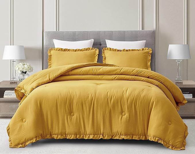 Chezmoi Collection Nora Mustard Yellow Comforter Set King Size 3-Piece Fluffy Soft Lightweight Bedding Ruffled Edge Trim Stone-Washed Microfiber Comforter Set for All Season