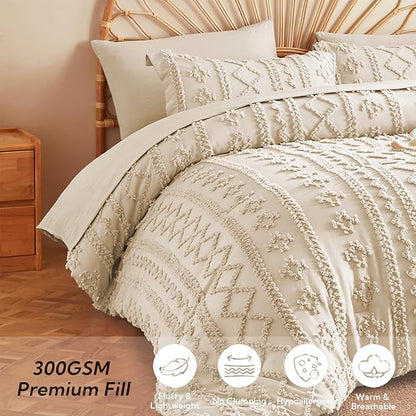 MR&HM Full Size Bed Sheets and Comforter Set Beige, 7 Pieces Tufted Boho Beddding Sets, Farmhouse Style Bed in a Bag with 1 Comforter, 2 Pillow Shams, 2 Pillowcases, 1 Flat Sheet, 1 Fitted Sheet