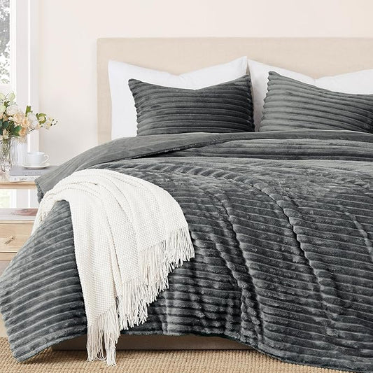 Geniospin Fleece King Size Comforter Set, Soft Fuzzy Fleece King Bedding Set, 3-Pieces Grayish Blue Comforter Set for All Season, Warm Fluffy Comforter with 2 Pillow Cases