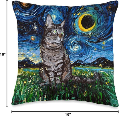 Gray Tabby Tiger Cat Starry Night Moon and Stars Artwork Throw Pillow