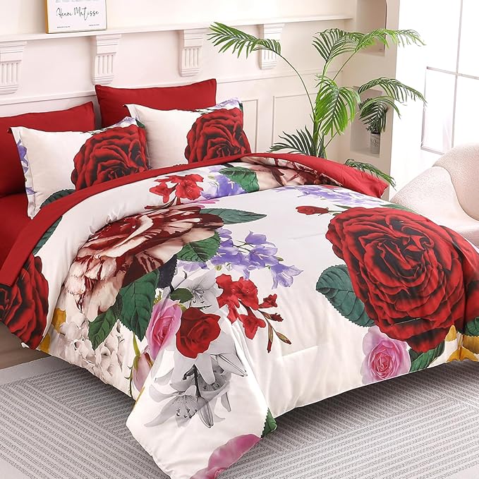 Drucon Red Comforter King Size 7 Pieces Valentine's Day Bedding Sets Bed in a Bag, Botanical Floral Comforter with Sheet Set, Soft Microfiber Bedding Set for All Season (Red, 104"x90")