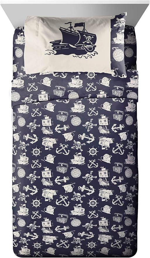 Jay Franco One Piece Twin Size Comforter Set - 5 Piece Blue Bedding Includes Sheet Set & Pillow Covers - Super Soft Anime Bedding with Skull and Bones
