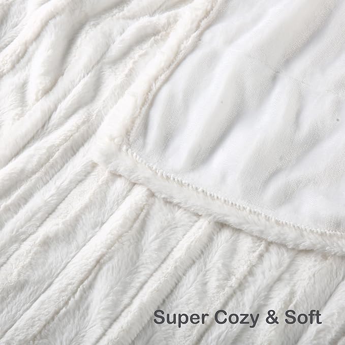 Electric Heated Blanket Throw Size 50"x60", Fast Heating Throw, Plush Faux Fur for Sofa & Office,4 Heating Levels & 10 Hours Auto Off, Machine Washable, Gifts for Family-Striped White